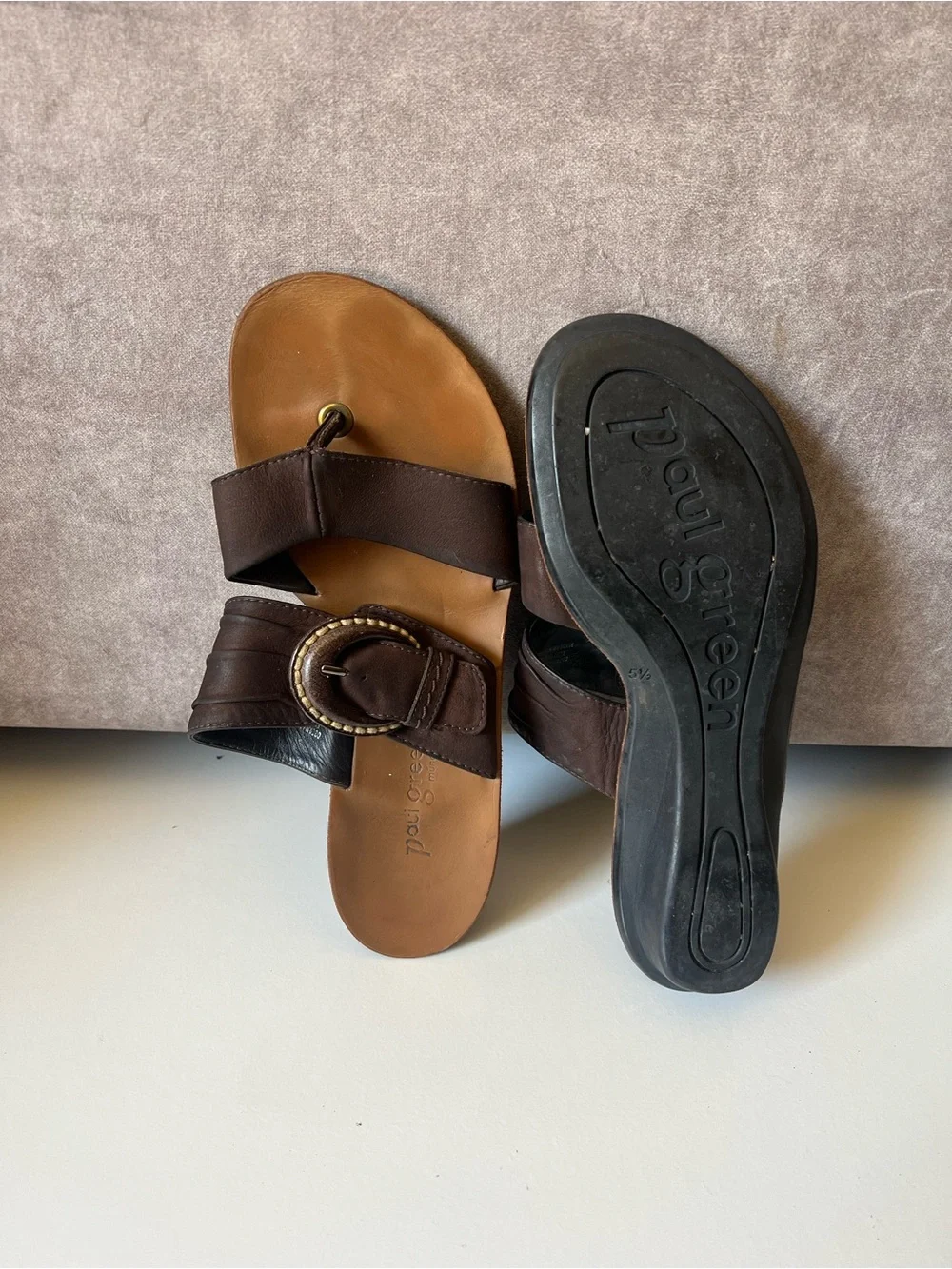 Paul Green Brown Leather Slide Sandals with Buckle